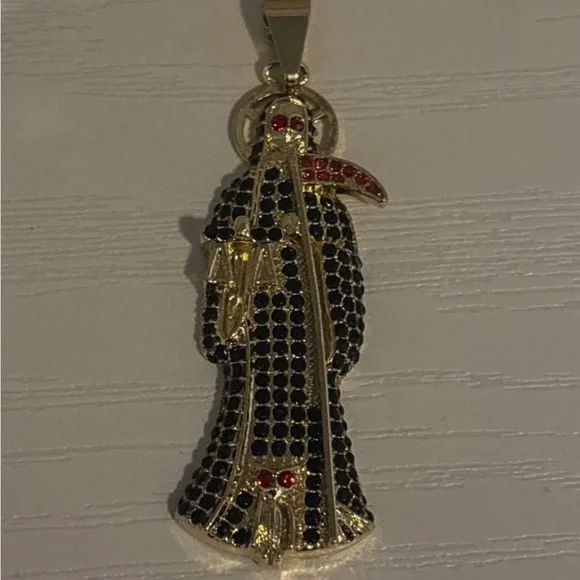 Gold Plated Grim Reaper Santa Muerte Large Pendant Black Red Crystal Gothic - Picture 6 of 10